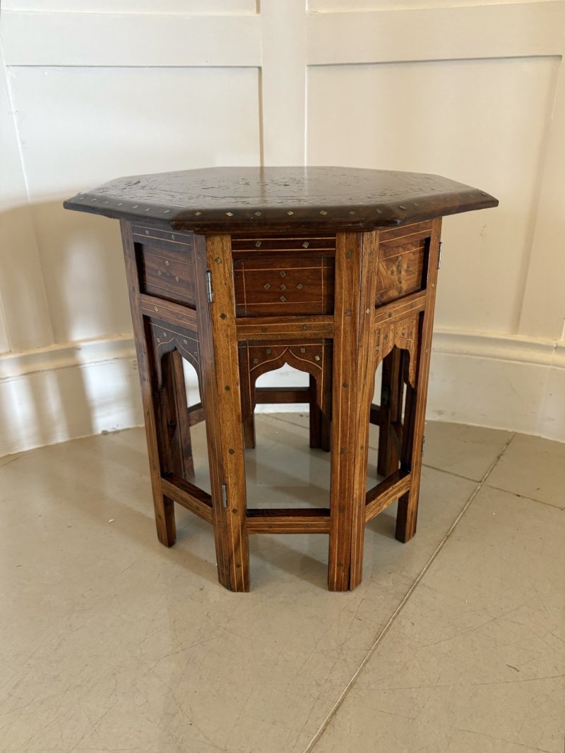 Small Antique Quality Brass and Bone Inlaid Indian Teak Table - Image 4